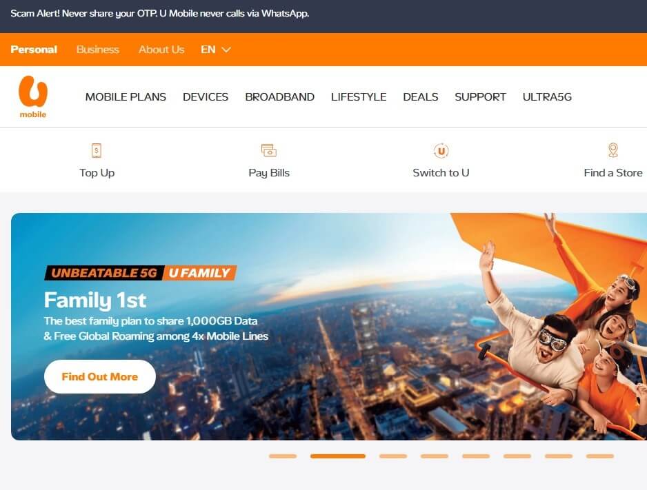 Imej menunjukkan tangkapan skrin halaman utama laman web rasmi U Mobile Malaysia