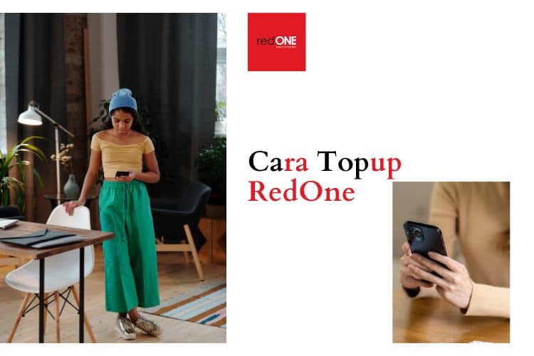 Seorang wanita muda melihat memeriksa telefon bimbitnya selepas topup redOne.