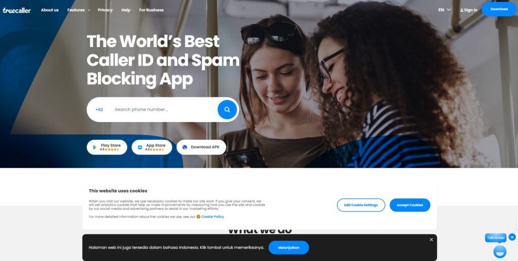 Tangkapan screen halaman utama aplikasi Truecaller