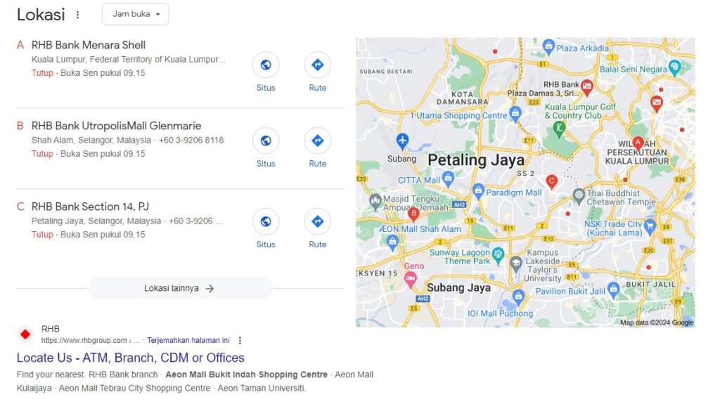 Halaman hasil Carian Google bertajuk "Lokasi" memaparkan senarai dan peta cawangan RHB Bank di Malaysia, termasuk Menara Shell, Utropolis Marketplace Glenmarie dan Seksyen 14, PJ
