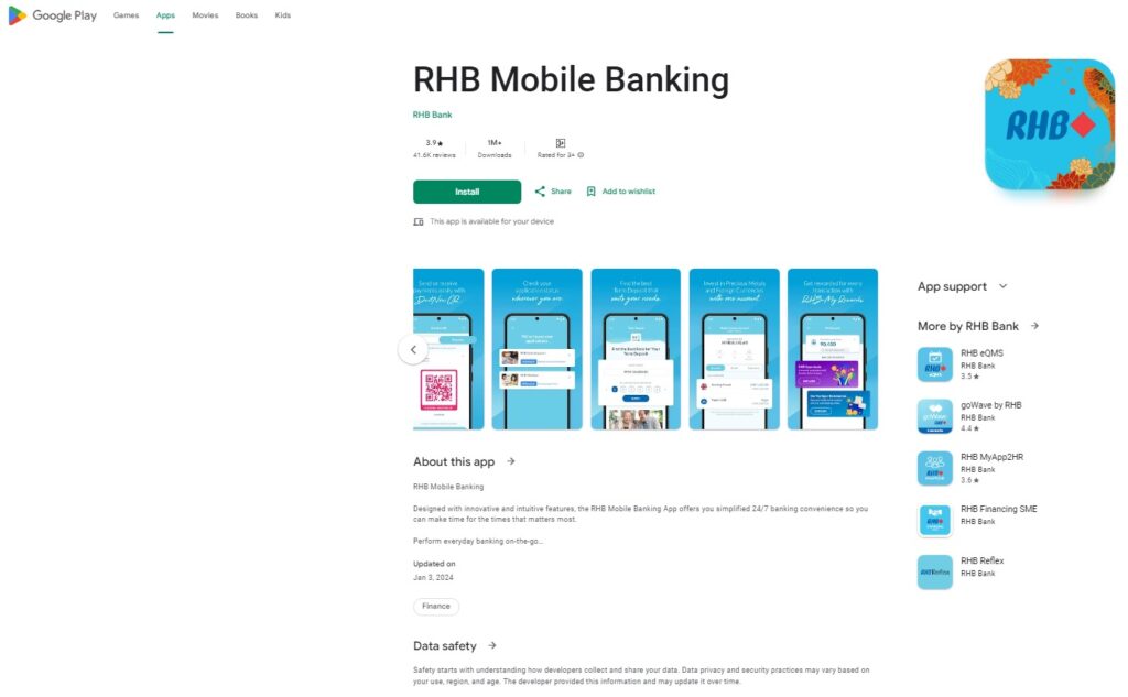 Tangkapan skrin halaman apl RHB Mobile Banking di Google Play Store, menunjukkan penarafan 3.9 bintang, lebih 1 juta muat turun dan beberapa tangkapan skrin pratonton apl yang menyerlahkan ciri seperti pembayaran QR dan pengurusan akaun