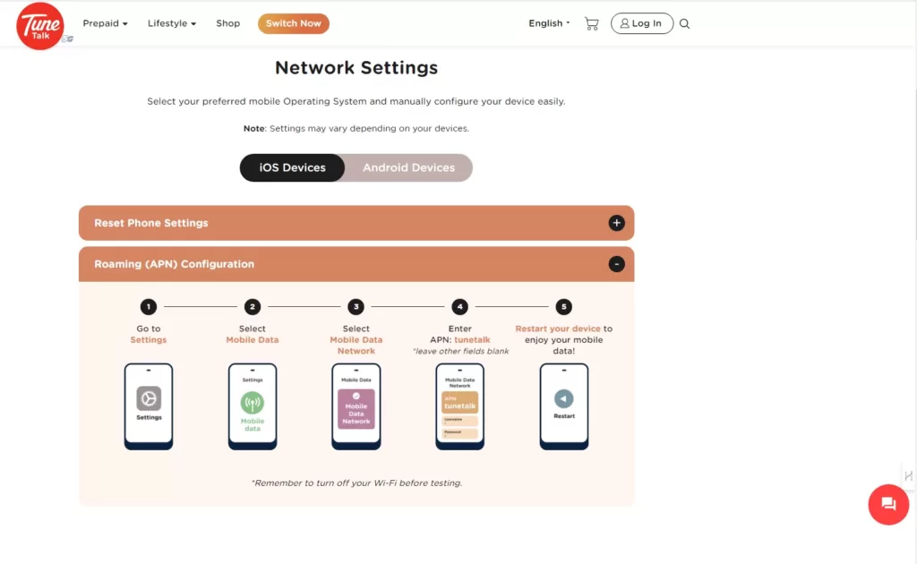 Tune Talk Network Settings