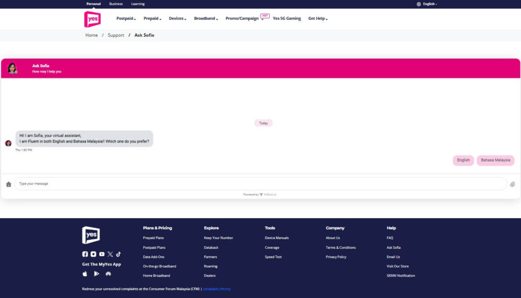 Tangkapan skrin halaman web sokongan pelanggan Yes (YTL Communications) bertajuk "Ask Sofia." Halaman tersebut memaparkan antara muka sembang di mana pembantu maya bernama Sofia memulakan perbualan