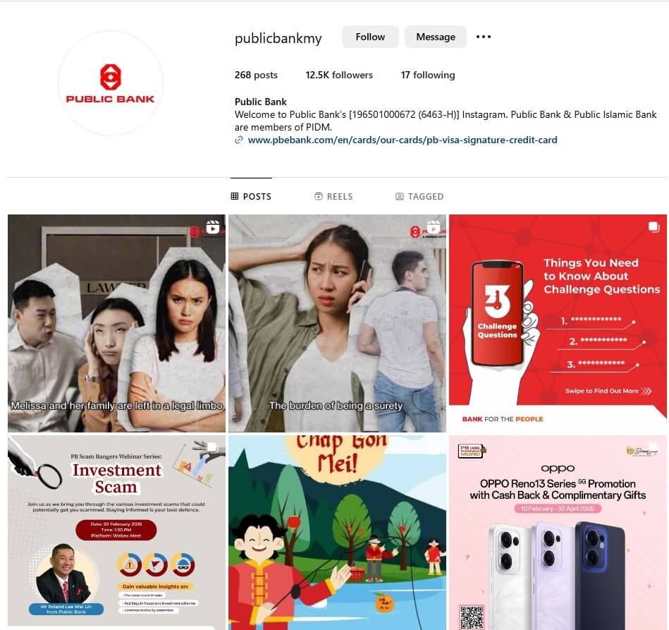 Gambar screenshot tampilan beranda akaun Instagram Public Bank