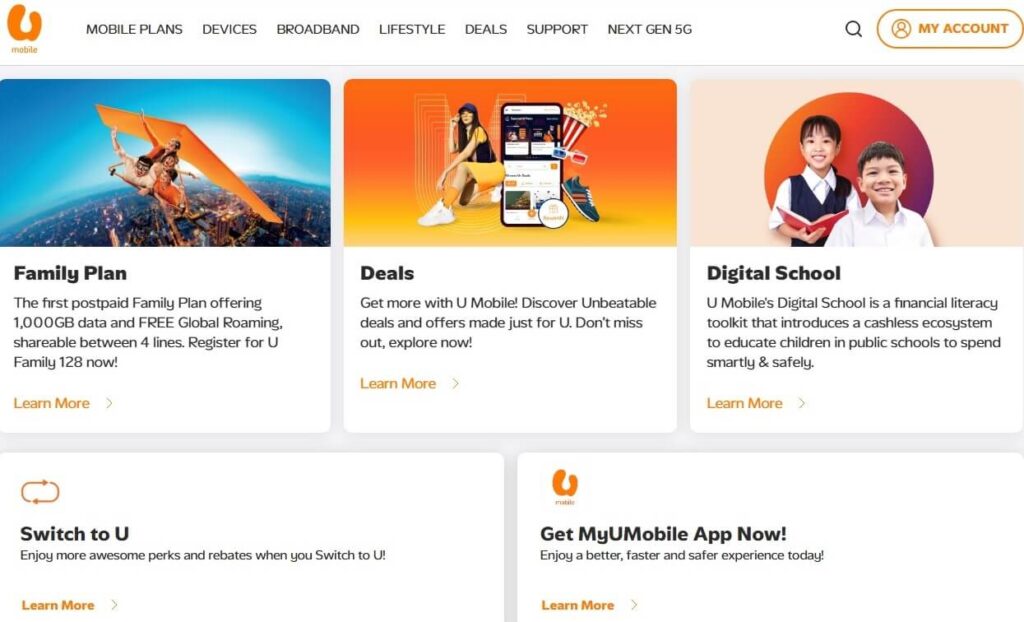 Gambar menunjukkan laman web rasmi U Mobile Malaysia. Dalam foto tersebut terdapat beberapa paparan promosi dan perkhidmatan yang terdapat di U Mobile