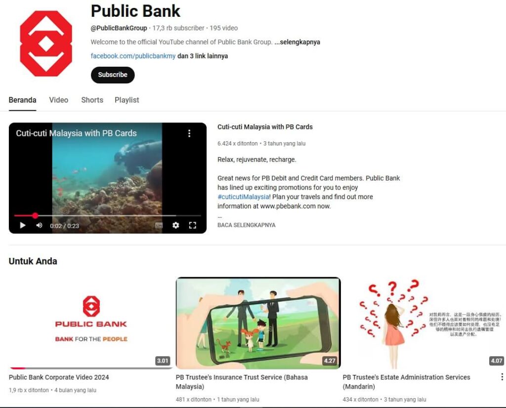 Gambar screenshot tampilan beranda akaun YouTube Public Bank Group