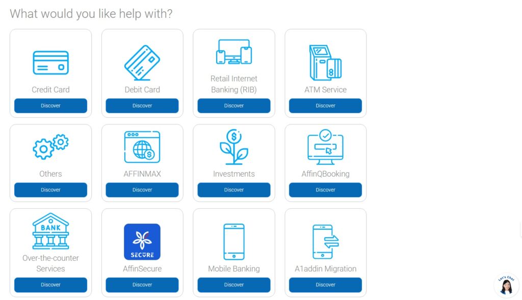 Halaman soalan lazim (FAQ) dengan grid 12 ikon. Ikon ini, bersama dengan teksnya dan butang "Cari", mewakili pelbagai perkhidmatan perbankan