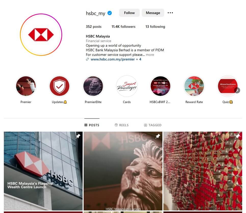 Tangkapan skrin halaman profil Instagram HSBC Malaysia. Di bahagian atas, logo HSBC—heksagon merah dan putih—berada dalam bingkai gambar profil bulat. Di sebelahnya, nama akaun "hsbc_my" dipaparkan dengan tanda semak pengesahan biru. Profil tersebut mempunyai 352 post, 11.4 ribu pengikut, dan mengikuti 13 akaun lain