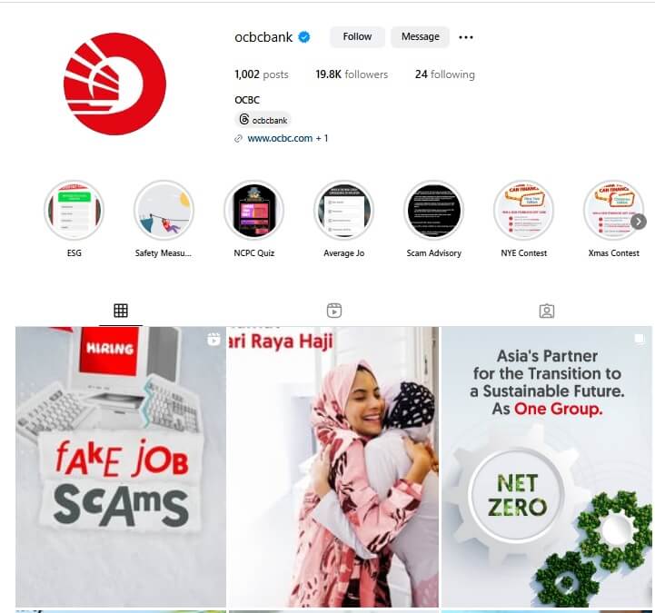 Tangkapan skrin profil Instagram ocbcbank, yang mempunyai tanda semak disahkan biru. Foto profil ialah logo OCBC Bank, reka bentuk bulatan merah dan putih yang digayakan