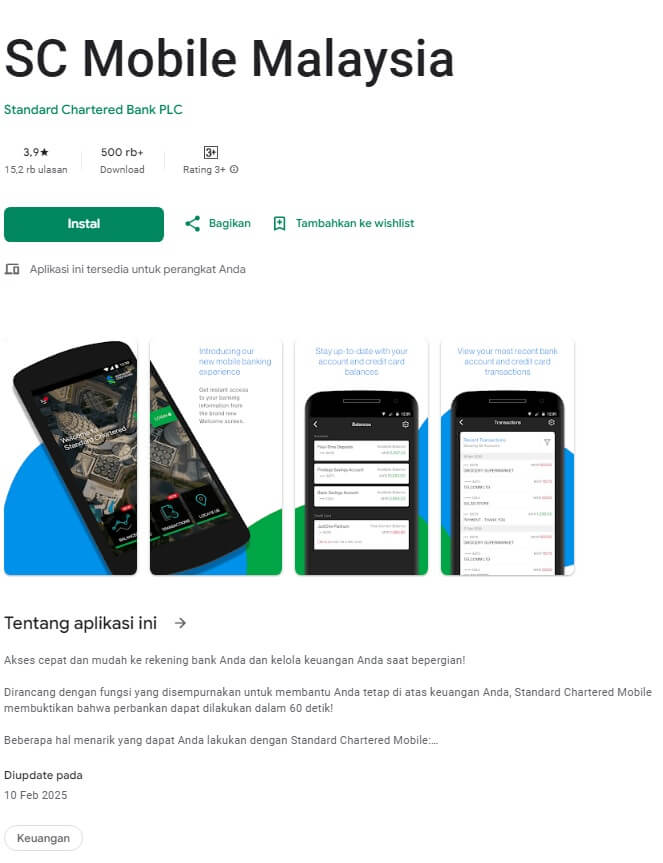 Tangkapan skrin halaman aplikasi perbankan SC Mobile Malaysia di aplikasi store mudah alih, Google Play Store