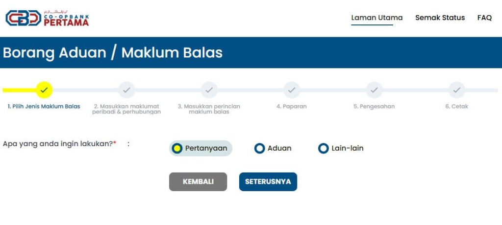 Borang online bertajuk "Borang Aduan / Borang Maklum Balas" daripada First Co-opbank
