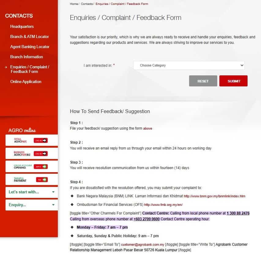 Halaman "Enquiries / Complaint / Feedback Form" di laman web Agrobank. Kandungan utama halaman ini adalah borang untuk menghantar maklum balas atau cadangan.