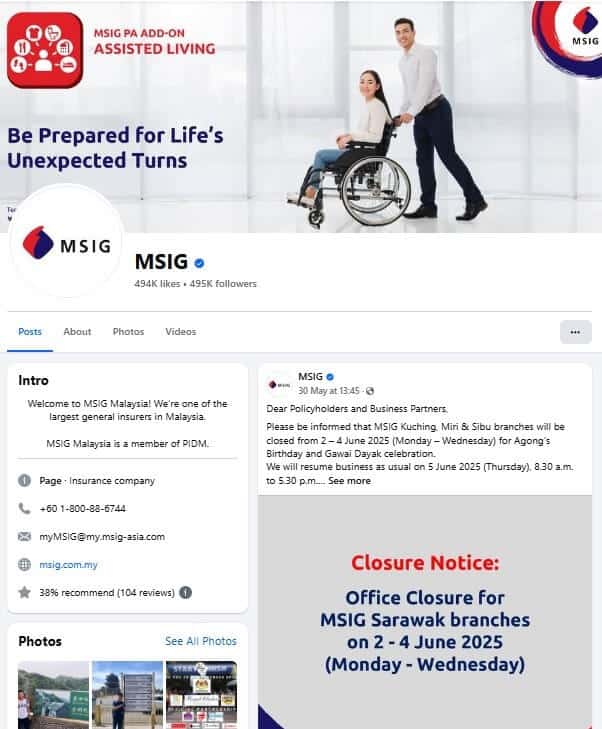 Profil dan siaran Facebook untuk MSIG Malaysia, sebuah syarikat insurans. Foto profil ialah logo MSIG. Imej muka depan memaparkan teks "MSIG PA ADD-ON ASSISTED LIVING" dan "Be Prepared for Unexpected Changes in Life" bersama imej seorang lelaki menolak seorang wanita di atas kerusi roda. Catatan terbaru menyediakan "Closure Notice" untuk MSIG cawangan Sarawak dari 2-4 Jun 2025