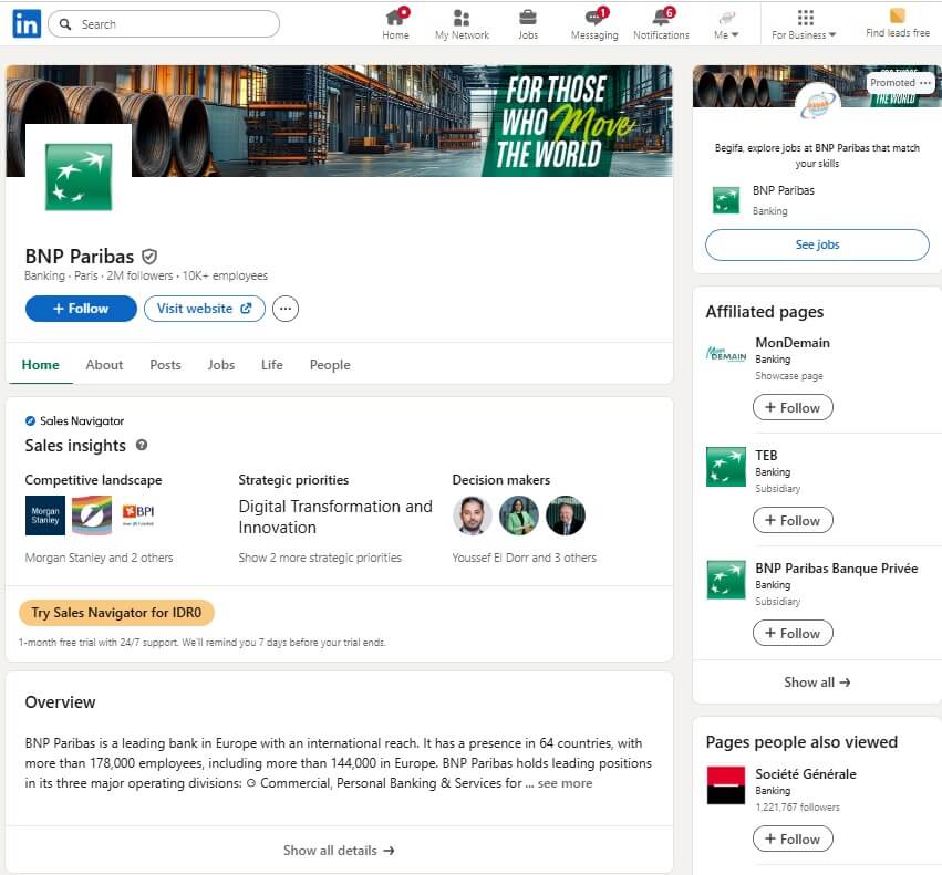 Halaman profil LinkedIn untuk BNP Paribas