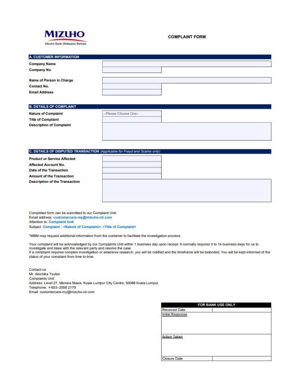 Borang Aduan Mizuho Bank (Malaysia) Berhad