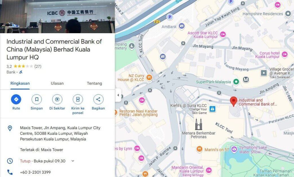 Petikan skrin penyenaraian Google Map untuk Industrial and Commercial Bank of China (Malaysia) Berhad Kuala Lumpur HQ