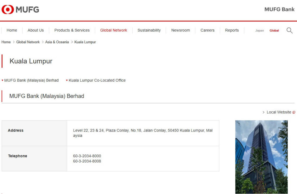 Tangkapan skrin halaman web dari laman web MUFG Bank, secara khusus menunjukkan halaman untuk lokasi Kuala Lumpurnya