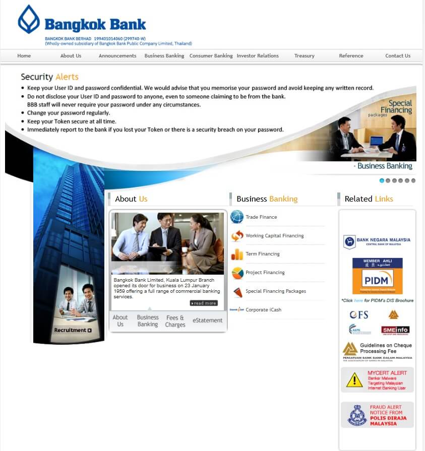 Tangkapan skrin halaman utama laman web Bangkok Bank Berhad, dengan reka bentuk biru dan putih