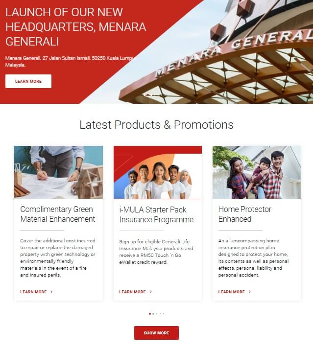 Tangkapan skrin laman utama laman web Generali Malaysia. Sepanduk di bahagian atas mengumumkan 'LAUNCH OF OUR NEW HEADQUARTERS, MENARA GENERALI' dan menyenaraikan alamat di Kuala Lumpur, Malaysia, dengan sebahagian pandangan papan tanda bangunan 'MENARA GENERALI'.