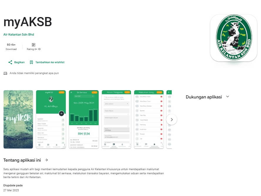 Imej itu menunjukkan penyenaraian aplikasi mudah alih bernama "myAKSB" daripada Air Kelantan Sdn Bhd di Google Play Store