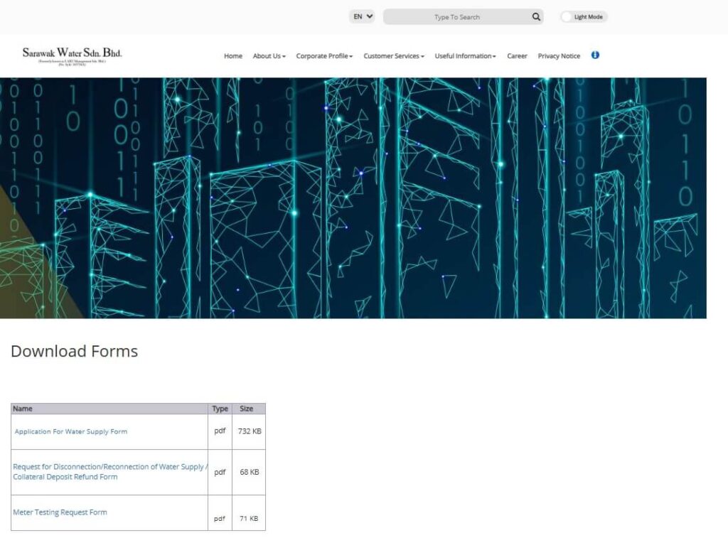 Tangkapan skrin bahagian "Download Forms" di Sarawak Water Sdn. Bhd. Di bawah imej pengepala yang memaparkan pemandangan bandar digital, terdapat jadual yang menyenaraikan tiga bentuk PDF