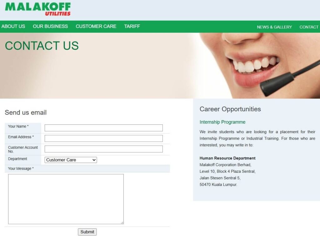 Tangkapan skrin halaman "Contact Us" untuk Malakoff Utilities Sdn Bhd, yang memaparkan borang penyerahan e-mel, bahagian "Career Opportunities" termasuk Internship Programme, dan alamat surat-menyurat untuk Human Resource Department di Kuala Lumpur