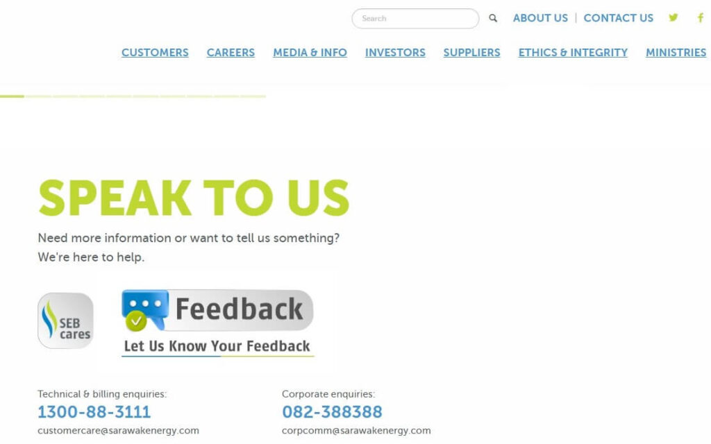 Halaman hubungan untuk Sarawak Energy Berhad dengan tajuk 'SPEAK TO US', butang 'Feedback', dan butiran hubungan untuk pertanyaan echnical/billing enquiries (1300-88-3111, customercare@sarawakenergy.com) dan corporate enquiries (082-388388, corpcomm@sarawakenergy.com)