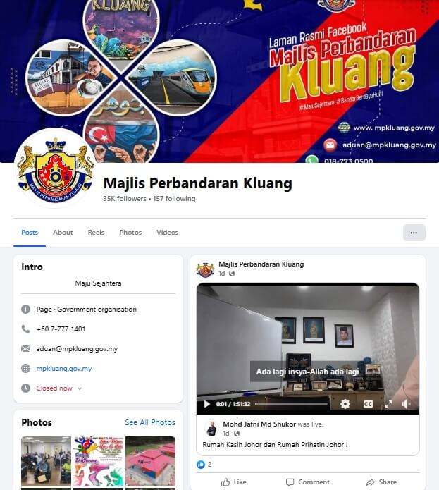 Tangkapan skrin laman Facebook rasmi Majlis Perbandaran Kluang. Foto muka depan berwarna biru tua dan merah dengan nama dan maklumat hubungan majlis. Gambar profilnya memaparkan simbol majlis