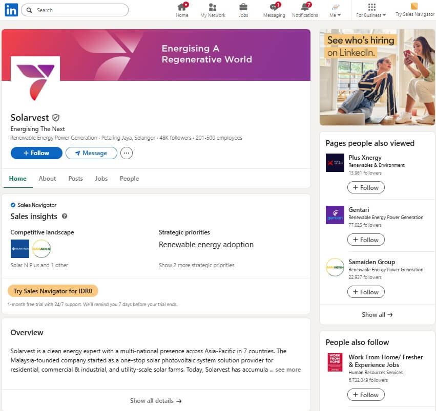 Tangkapan skrin halaman syarikat LinkedIn Solarvest, menunjukkan sepanduk profil mereka yang berbunyi "Energising A Regenerative World", logo syarikat, bilangan pengikut (48k), lokasi (Petaling Jaya, Selangor), gambaran keseluruhan perniagaan mereka sebagai pakar tenaga bersih, dan senarai syarikat berkaitan