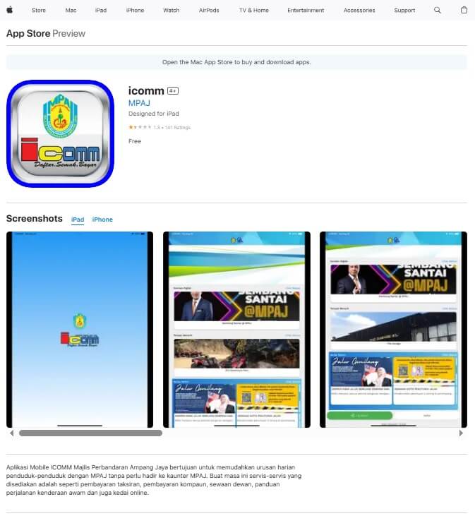 Screenshot dari Aplikasi Mobile iComm MPAJ by Apple App Store