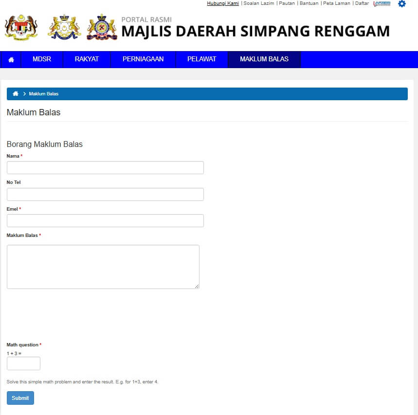 Tangkapan skrin borang "Maklum Balas" di laman web rasmi Majlis Daerah Simpang Renggam