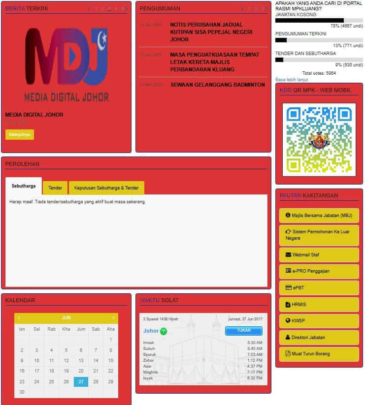 Screenshot laman web Majlis Perbandaran Kluang. Laman web menggunakan skema warna merah dan kuning dan dibahagikan kepada beberapa panel yang memaparkan maklumat