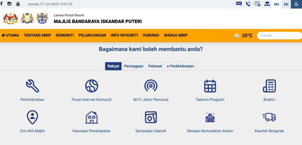 Tangkapan skrin laman utama laman web rasmi "Majlis Bandaraya Iskandar Puteri"