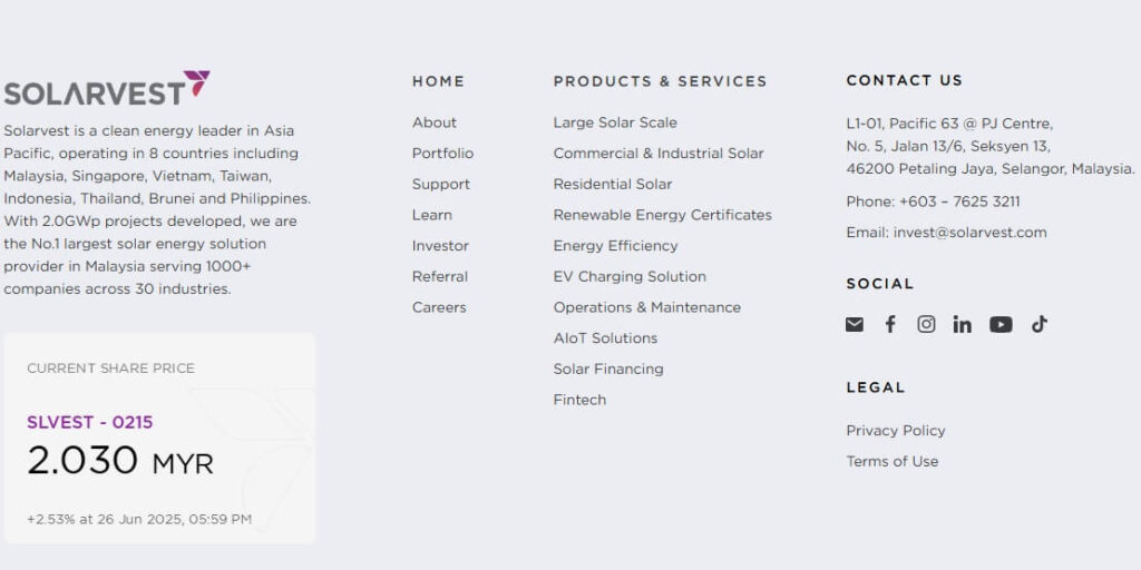 Bahagian bawah tapak web Solarvest Holdings Berhad memaparkan maklumat hubungan, perkhidmatan (Large Solar Scale, Commercial, Residential Solar, EV Charging), legal links (Privacy Policy, Terms of Use), social media icons, and a current share price box displaying SLVEST - 0215, 2.030 MYR (up +2.53% as of 26 Jun 2025)