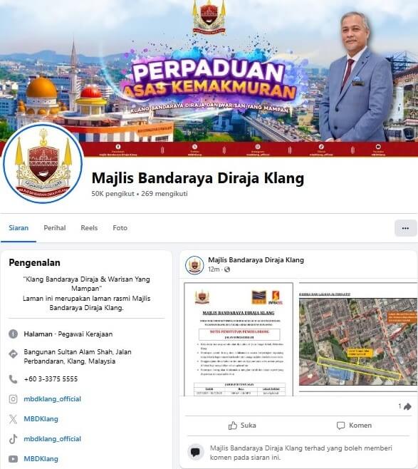 Tangkapan skrin laman Facebook rasmi 'Majlis Bandaraya Diraja Klang', menunjukkan gambar profil, foto muka depan dengan slogan 'Perpaduan Asas Kemakmuran', potret pegawai lelaki, dan bahagian 'Pengenalan' dengan butiran hubungan