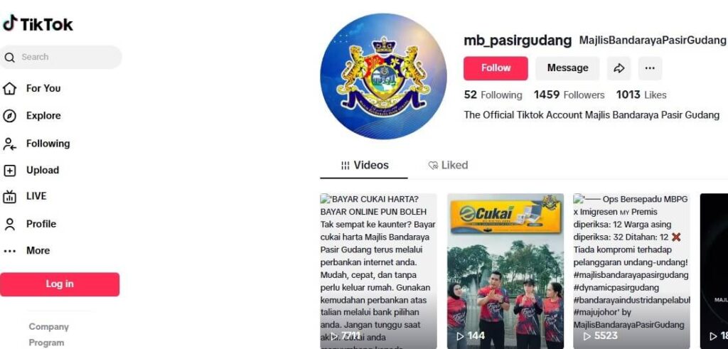 Tangkapan skrin akaun TikTok rasmi Majlis Bandaraya Pasir Gudang, dengan akaun @mb_pasirgudang. Profil tersebut memaparkan logo majlis bandar raya, mempunyai 52 following, 1459 followers dan 1,013 suka