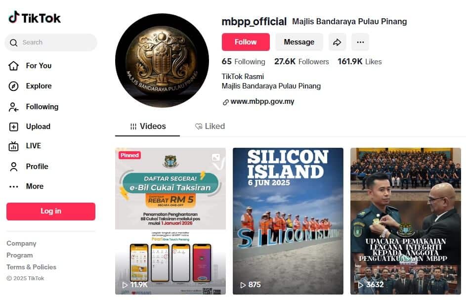 Petikan skrin profil TikTok rasmi Majlis Bandaraya Pulau Pinang (MBPP), dengan nama pengguna "mbpp_official". Profil itu menampilkan foto profil bulat dengan logo MBPP, bilangan pengikut 27.6 ribu dan tiga lakaran kecil video terbaru dipaparkan dalam suapan, termasuk satu tentang "e-Bil Cukai Taksiran" dan satu lagi bertajuk "SILICON ISLAND 6 JUN 2025."
