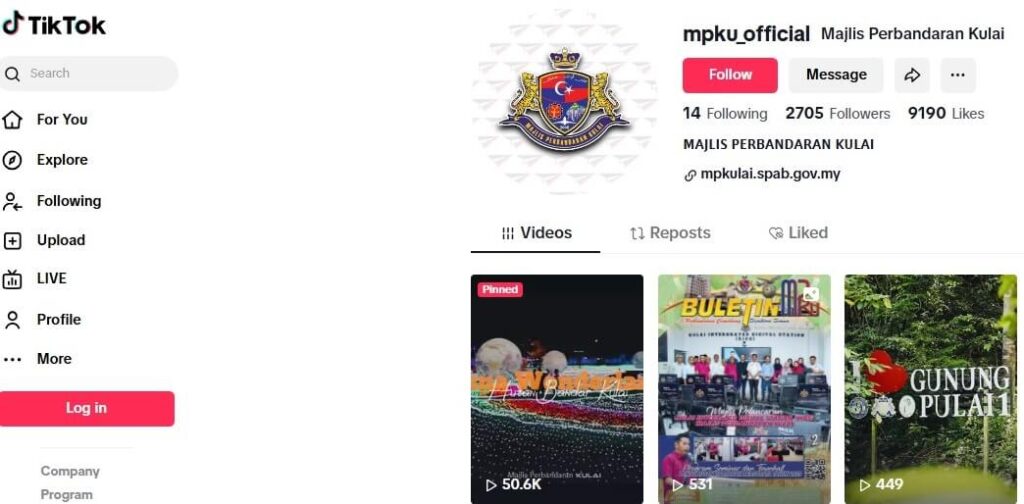 Tangkapan skrin profil TikTok rasmi Majlis Perbandaran Kulai, bernama "mpku_official", yang memaparkan lambang majlis itu sebagai gambar profilnya. Profil mempunyai 14 Pengikut, 2705 Mengikuti dan 9190 Suka