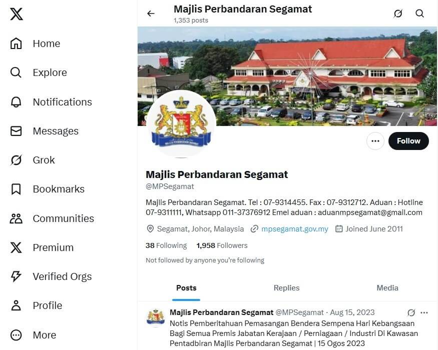 Tangkapan skrin profil rasmi X (dahulunya Twitter) untuk Majlis Perbandaran Segamat (@MPSegamat), menunjukkan imej profil lambang majlis dan imej sepanduk bangunan majlis, berserta butiran hubungan dan catatan terkini