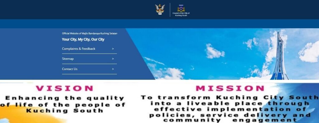A screenshot of the homepage of the Majlis Bandaraya Kuching Selatan official website. Halaman tersebut memaparkan logo majlis, tajuk "Official Website of Majlis Bandaraya Kuching Selatan", dan menu navigasi yang mengandungi "Complaints & Feedback," "Sitemap," and "Contact Us"