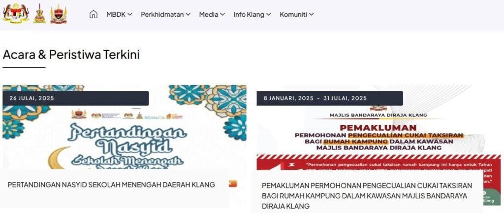 Tangkapan skrin bahagian laman web Majlis Bandaraya Diraja Klang (MBDK) bertajuk 'Acara & Peristiwa Terkini'