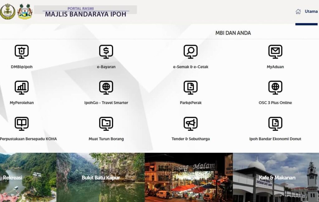 Tangkapan skrin portal laman web rasmi Majlis Bandaraya Ipoh, menunjukkan grid 12 ikon perkhidmatan dengan label teks dalam bahasa Melayu, seperti "DMBI@Ipoh," "e-Bayaran" (e-Payment), "MyAduan" (MyComplaint), and "Muat Turun Borang" (Download Form)