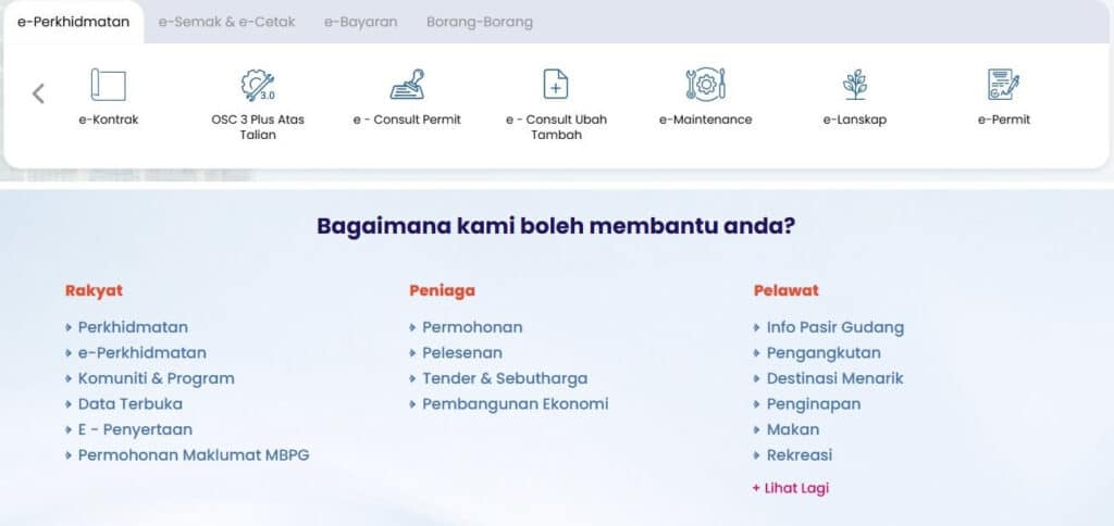 Screenshot menu perkhidmatan laman web Majlis Bandaraya Pasir Gudang. Bahagian atas memaparkan ikon e-Perkhidmatan seperti 'e-Kontrak,' 'OSC 3 Plus Atas Talian,' 'e-Consult Permit,' and 'e-Permit'