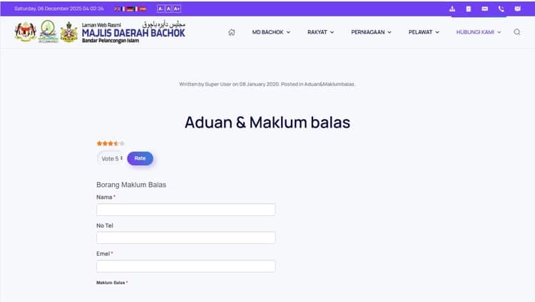 Tangkapan skrin halaman Aduan & Maklum Balas di laman web rasmi Majlis Daerah Bachok Bandar Pelancongan Islam. Halaman tersebut memaparkan pengepala tapak web, tajuk "Aduan & Maklum Balas", widget penilaian 5 bintang dan lajur "Borang Maklum Balas" dengan Nama, Nombor Telefon, E-mel dan Maklum Balas (Borang Input)