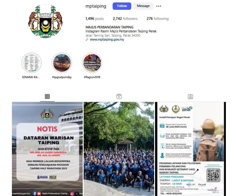 Tangkapan skrin akaun Instagram rasmi Majlis Perbandaran Taiping (MP Taiping) dengan pemegang "@mptaiping" menunjukkan maklumat profil, siri sorotan cerita, dan grid siaran terbaharu, termasuk notis mengenai penutupan Dataran Warisan Taiping untuk Taiping Half Marathon 2025