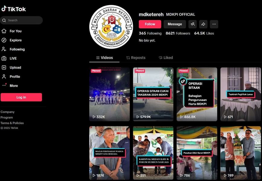 Laman profil TikTok untuk akaun "mdketereh MDKPI RASMI", memaparkan logo Majlis Daerah Ketereh, dengan 8,621 pengikut dan 64.5K Suka