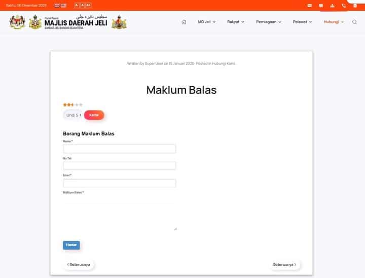 Tangkapan skrin halaman "Maklum Balas" laman web Majlis Daerah Jeli, menunjukkan borang dengan medan untuk Nama, Nombor Telefon, E-mel dan teks maklum balas, berserta dengan pilihan penarafan 5 bintang dan butang "Hantar"