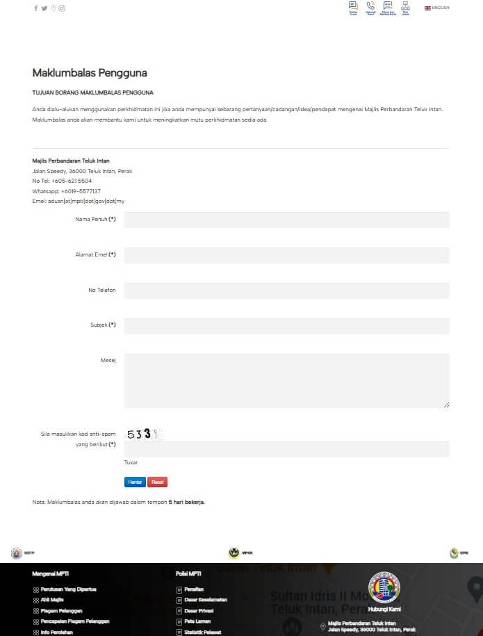 Screenshot of the official online form "Maklumbalas Pengguna" for Majlis Perbandaran Teluk Intan (Teluk Intan Municipal Council)