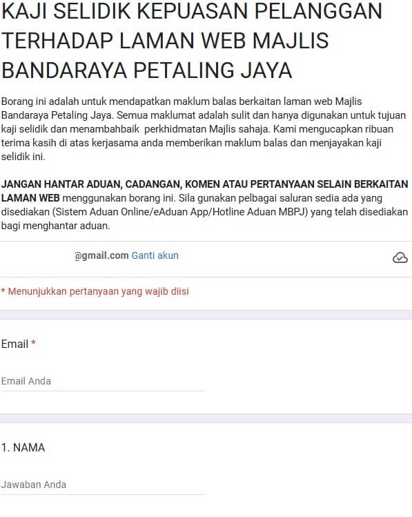 Tangkapan skrin borang kaji selidik kepuasan pelanggan dalam bahasa Melayu bertajuk 'Kaji Selidik Kepuasan Pelanggan Terhadap Laman Web Majlis Bandaraya Petaling Jaya'