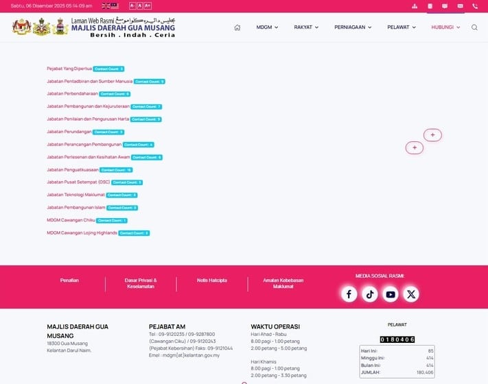 Tangkapan skrin laman web rasmi Majlis Daerah Gua Musang, menunjukkan navigasi utama, direktori jabatan dan nombor hubungan mereka, waktu operasi, dan maklumat hubungan di bahagian bawah